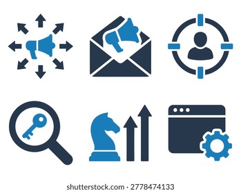 Digital marketing operations collection in modern dual tone solid, social outreach, audience targeting, keywords, and strategy.