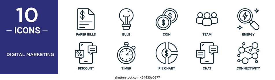 digital marketing outline icon set includes thin line paper bills, bulb, coin, team, energy, discount, timer icons for report, presentation, diagram, web design