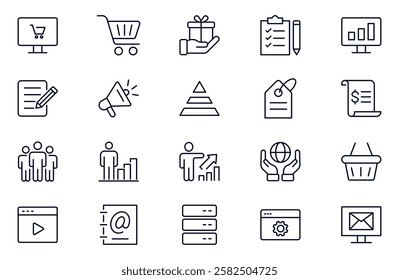 Digital marketing outline icons set. Content, search, marketing, ecommerce, seo, electronic devices, internet, analysis, social outline icon set.