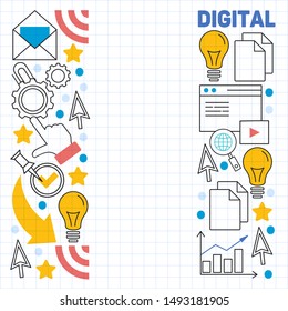 Digital marketing pattern with vector icons. Management, start up, business, internet technology.
