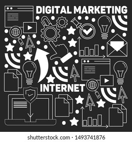 Digital marketing pattern with vector icons. Management, start up, business, internet technology.