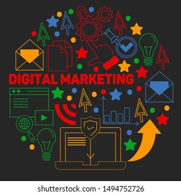 Digital marketing pattern with vector icons. Management, start up, business, internet technology.