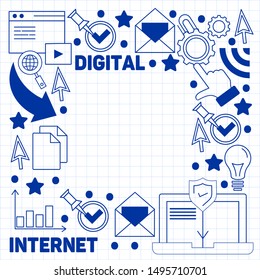 Digital marketing pattern with vector icons. Management, start up, business, internet technology.