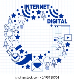 Digital marketing pattern with vector icons. Management, start up, business, internet technology.