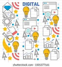 Digital marketing pattern with vector icons. Management, start up, business, internet technology.