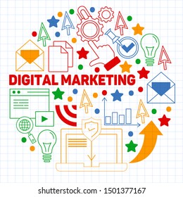 Digital marketing pattern with vector icons. Management, start up, business, internet technology.