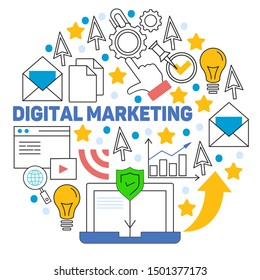 Digital marketing pattern with vector icons. Management, start up, business, internet technology.