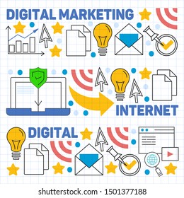 Digital marketing pattern with vector icons. Management, start up, business, internet technology.