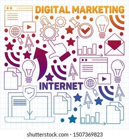 Digital marketing pattern with vector icons. Management, start up, business, internet technology.