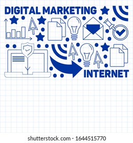 Digital marketing pattern with vector icons. Management, start up, business, internet technology.