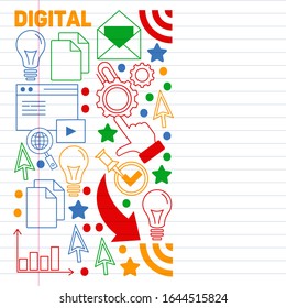 Digital marketing pattern with vector icons. Management, start up, business, internet technology.