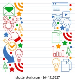 Digital marketing pattern with vector icons. Management, start up, business, internet technology.