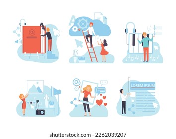 Digital Marketing with People Creating Media Content Vector Scene Set