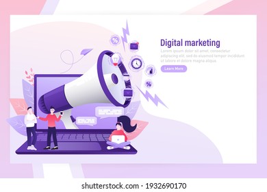 Digital marketing people megaphone in abstract style. Flat vector illustration. Social media marketing.