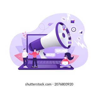 Digital marketing people megaphone in abstract style. Flat vector illustration. Social media marketing.