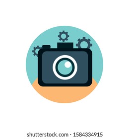 digital marketing photo camera setting gears vector illustration