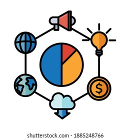 Digital marketing and pie chart with icons design, ecommerce and shopping online theme Vector illustration