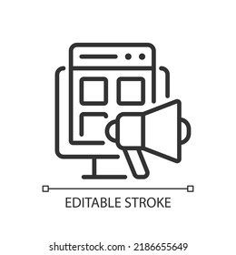 Digital marketing pixel perfect linear icon. Promoting products online. Digital communication. Thin line illustration. Contour symbol. Vector outline drawing. Editable stroke. Arial font used