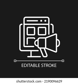 Digital marketing pixel perfect white linear icon for dark theme. Online promotion. Social media content. Thin line illustration. Isolated symbol for night mode. Editable stroke. Arial font used