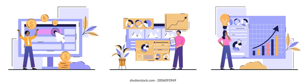 Digital marketing plan abstract concept. PPC campaign management, digital strategy, pay per click, internet marketing tools. People study statistics and generate ideas. Cartoon modern flat vector set