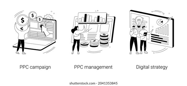 Digital marketing plan abstract concept vector illustration set. PPC campaign management, digital strategy, pay-per-click, internet marketing tools, online ad, targeted promotion abstract metaphor.