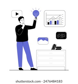 Digital marketing plan. Man analyzes statistics, manages new ideas. Advertising, promote business, target audience. Vector illustration with line people for web design.	