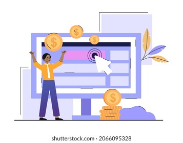 Digital marketing plan. Man stands next to computer monitor, presses button and receives money. Electronic marketing and business optimization. Character with coins. Cartoon flat vector illustration
