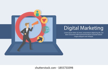 Digital marketing plan, Social network and media communication,Businessman making content to attract customers with megaphone,vector business concept strategy.