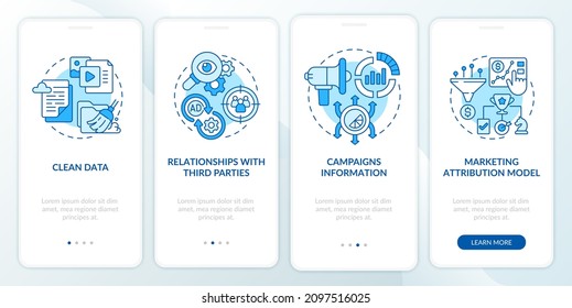 Digital marketing platform options blue onboarding mobile app screen. Ad walkthrough 4 steps graphic instructions pages with linear concepts. UI, UX, GUI template. Myriad Pro-Bold, Regular fonts used