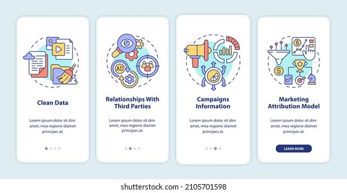 Digital marketing platform options onboarding mobile app screen. Ads walkthrough 4 steps graphic instructions pages with linear concepts. UI, UX, GUI template. Myriad Pro-Bold, Regular fonts used