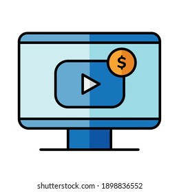 Publicidad digital y botón de reproducción con moneda en diseño de computadora, ecommerce y compras en línea Tema Vector ilustración