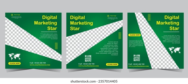 Digital marketing post, social media Post template, Business marketing and seminar webinar, social media post, concept design. online marketing promotion banner. green and glod