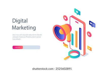 Digital marketing poster. Loudspeaker with graphs and diagrams. Promotion on Internet and social networks. SEO optimization. Landing webpage design. Isometric vector illustration