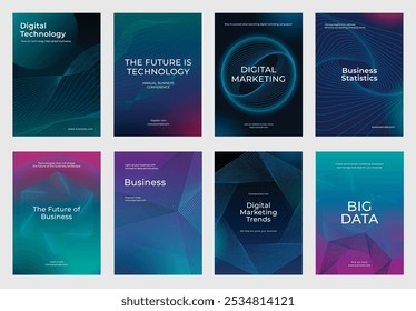 Digital marketing posters with abstract designs. Includes digital technology, business statistics, and big data. Modern and futuristic style. Digital business and big data template vector set.