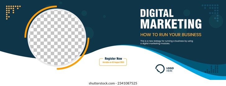 A digital Marketing presentation horizontal banner template design. Abstract blue with circle objects and Modern blue banner design