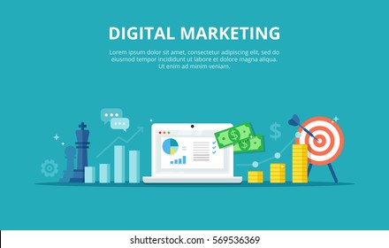 Digital marketing process - banner in flat style. Concept of strategy, successful result and profit growth. Online business vector illustration.