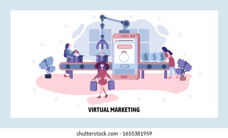 Digital marketing and product assembly and packaging line. Online shopping, retail automation technology, business online by mobile phone. Vector web site design template. Website concept illustration