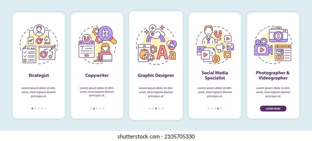 Digital marketing professions onboarding mobile app screen. Specialists walkthrough 5 steps graphic instructions pages with linear concepts. UI, UX, GUI template. Myriad Pro-Bold, Regular fonts used