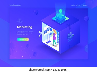 Digital marketing, projekt analysis. Teamwork. A group of people in the work process. Landing page. Vector illustration isometric style on a ultraviolet background. 