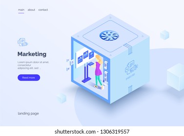 Digital marketing, projekt analysis. Teamwork. A group of people in the work process. Landing page. Vector illustration isometric style on a white background. isolated