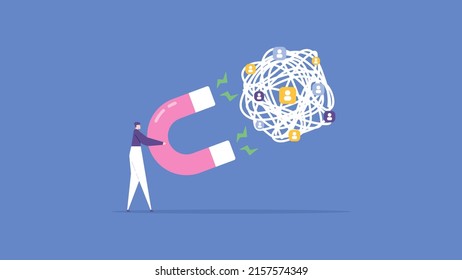 digital marketing and promotion. attract the attention of followers, audiences, customers, clients. a businessman or influencer uses a magnet to attract people. flat cartoon illustration. concept 