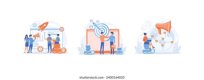 Digital marketing and promotion, Characters analyzing graph, charts and planning marketing strategy to achieve business goals, Characters analyzing graph. Digital marketing