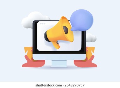 Digital marketing and promotion illustration in 3D style. Megaphone, advertising and planning marketing strategy to achieve business goals. Business concept. 3D Vector illustration