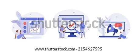 Digital marketing and promotion illustration set. Characters analyzing graph, charts and planning marketing strategy to achieve business goals. Business concept. Vector illustration.