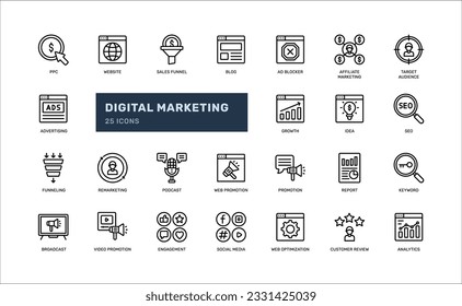 digital marketing promotion website seo sem detailed outline line icon set