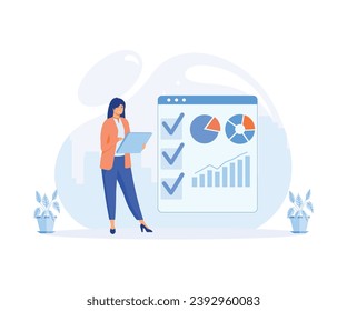 Digital marketing and promotion. Woman characters analyzing graph, charts and planning marketing strategy to achieve business goals.  flat vector modern illustration 
