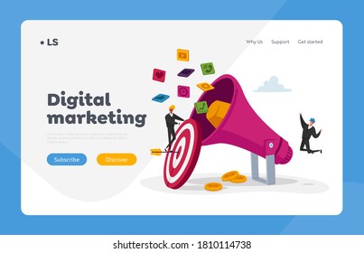 Digital Marketing, Public Relations and Affairs Landing Page Template. Pr Agency Tiny Characters Work with Huge Megaphone. Alert Advertising, Social Media Promotion. Cartoon People Vector Illustration