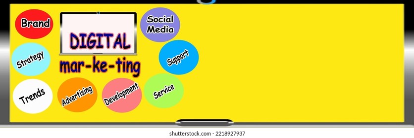 DIGITAL MARKETING RECTANGLE SHAPE VECTOR WITH YELLOW BACKGROUND. DIGITAL MARKETING ILLUSTRATION
