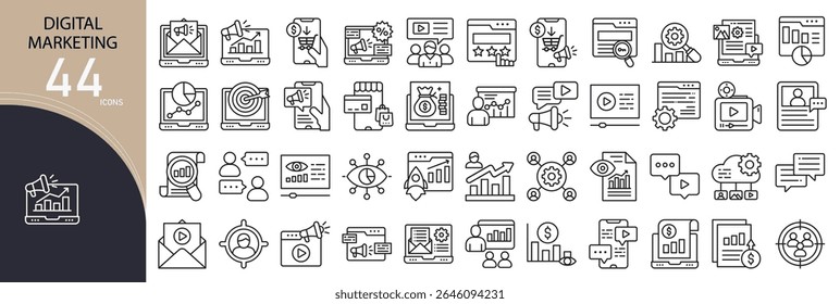 Digital marketing related icon collections. Containing SEO, email, content, social media, campaign, analytics, target, promotion, strategy, and advertising icons. Outline icons.