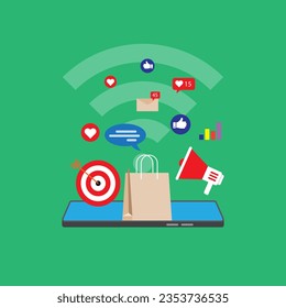 Digital marketing related things icon over smartphone, advertisement and social media promote concept, vector flat lay design, editable object and shape using for media, website, presentation